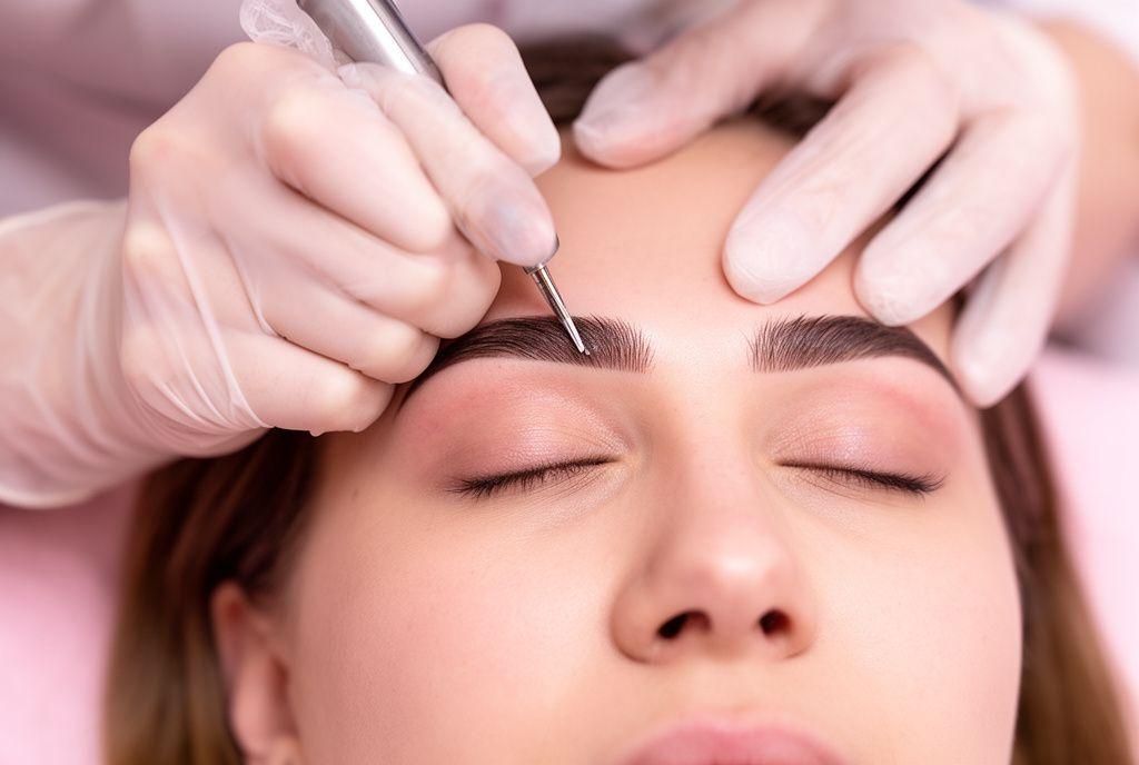 Cosmetic brow tattoo hair-stroke work in progress