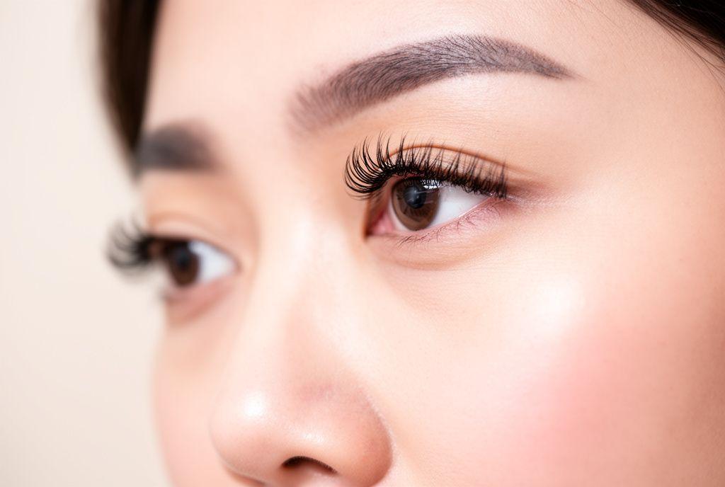 Side profile of lifted, tinted natural lashes after a lash lift
