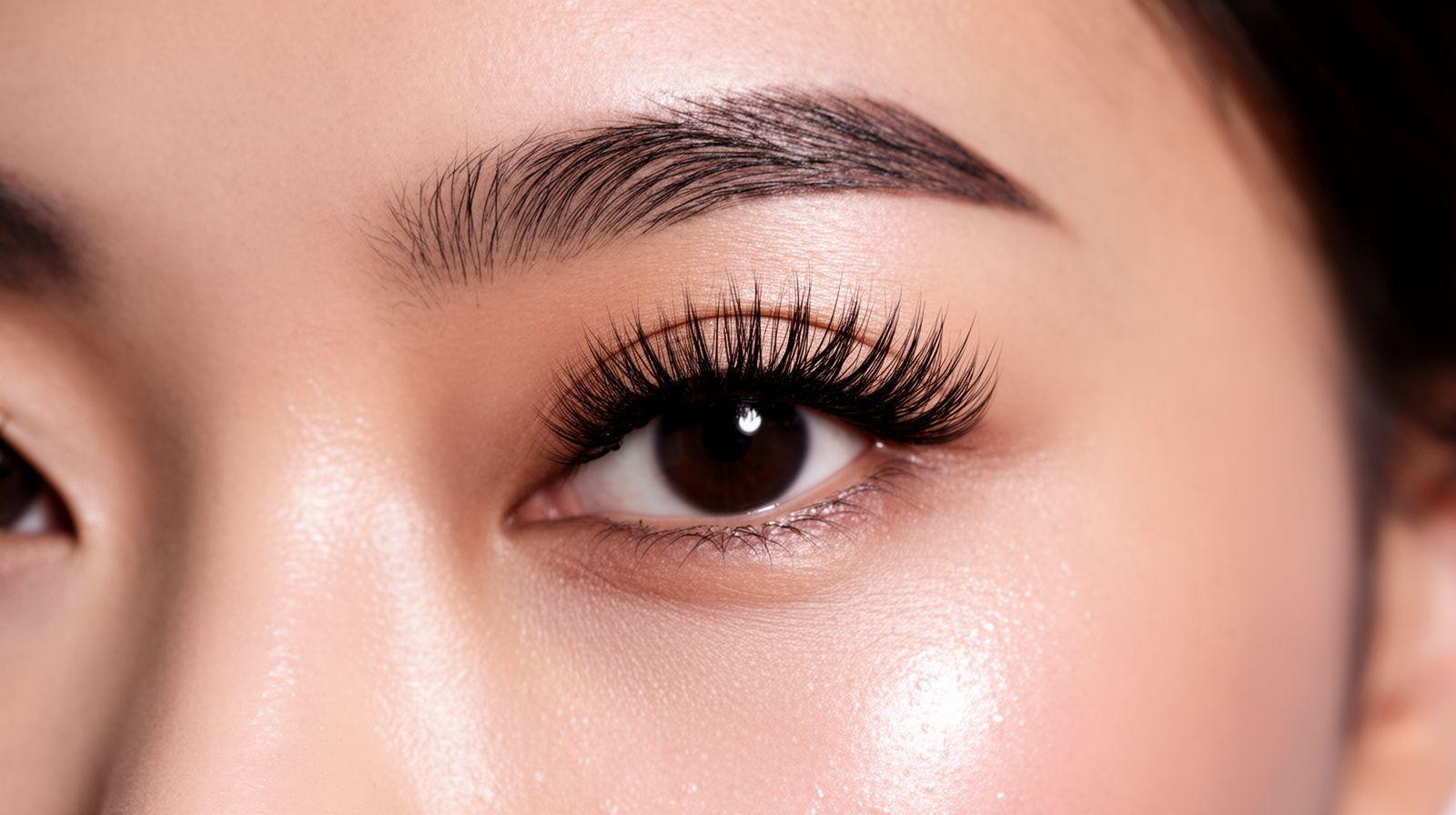 Close-up of a Veloura client with softly styled volume lash extensions and a laminated brow