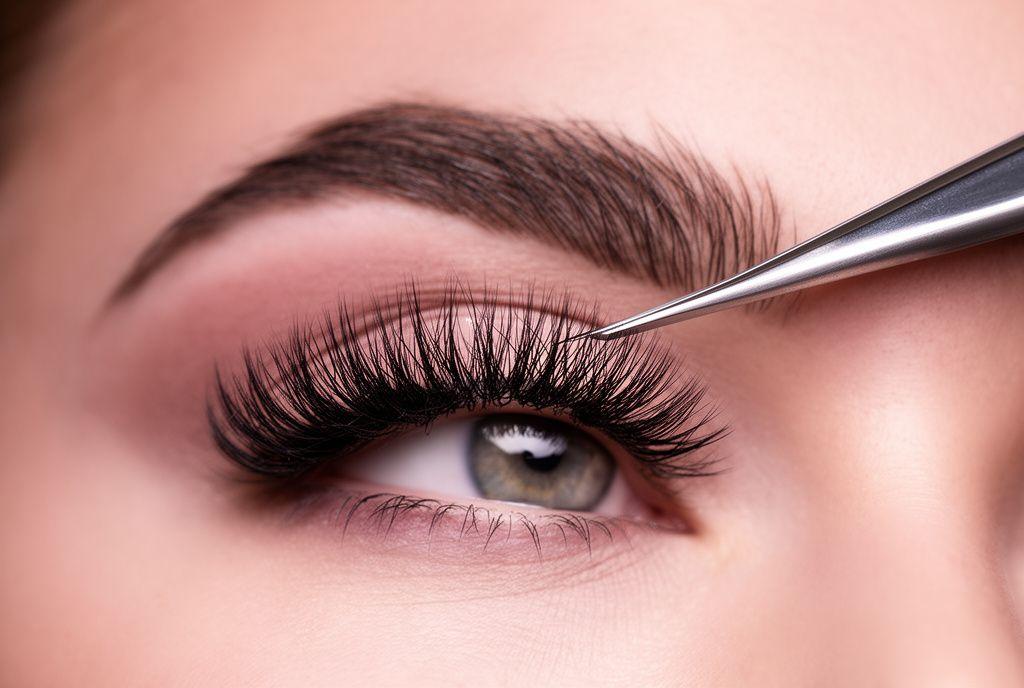 Lash artist placing a hand-made volume fan with fine tweezers
